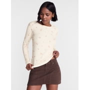 No Boundaries Ribbed Crewneck Tee with Long Sleeves, Womens and Womens Plus XXS-4X