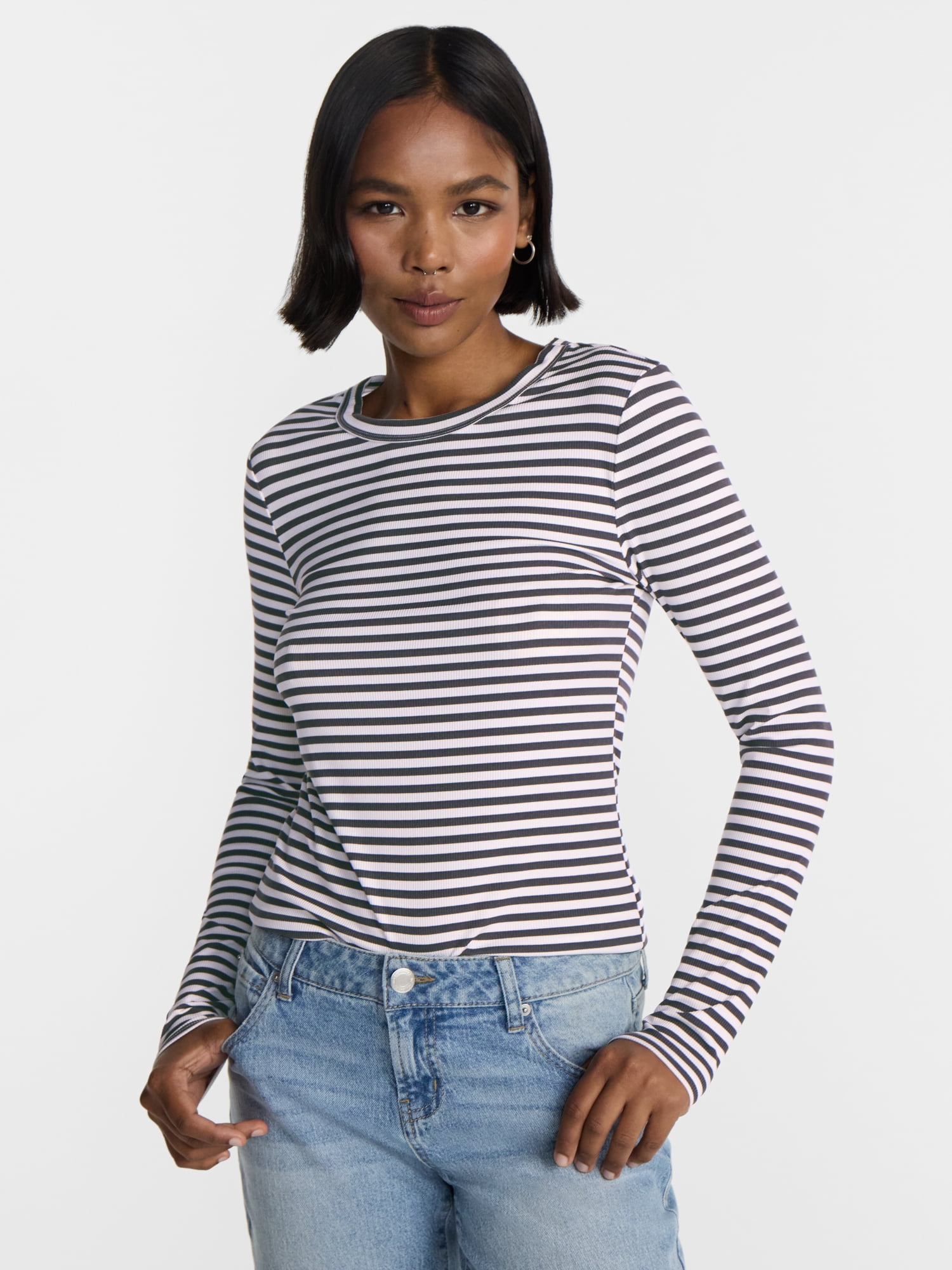 No Boundaries Ribbed Crewneck Tee with Long Sleeves, Women's XXS-XXL