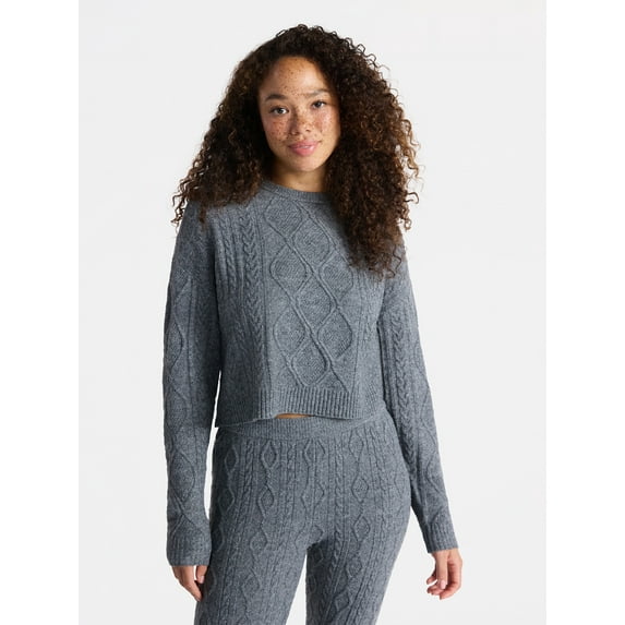 No Boundaries Cable Knit Pullover Sweater, Lightweight, Women’s