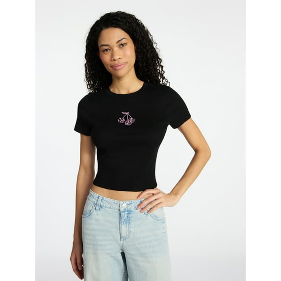 No Boundaries Cotton Crewneck Cropped Tee, Women's XXS-XXL