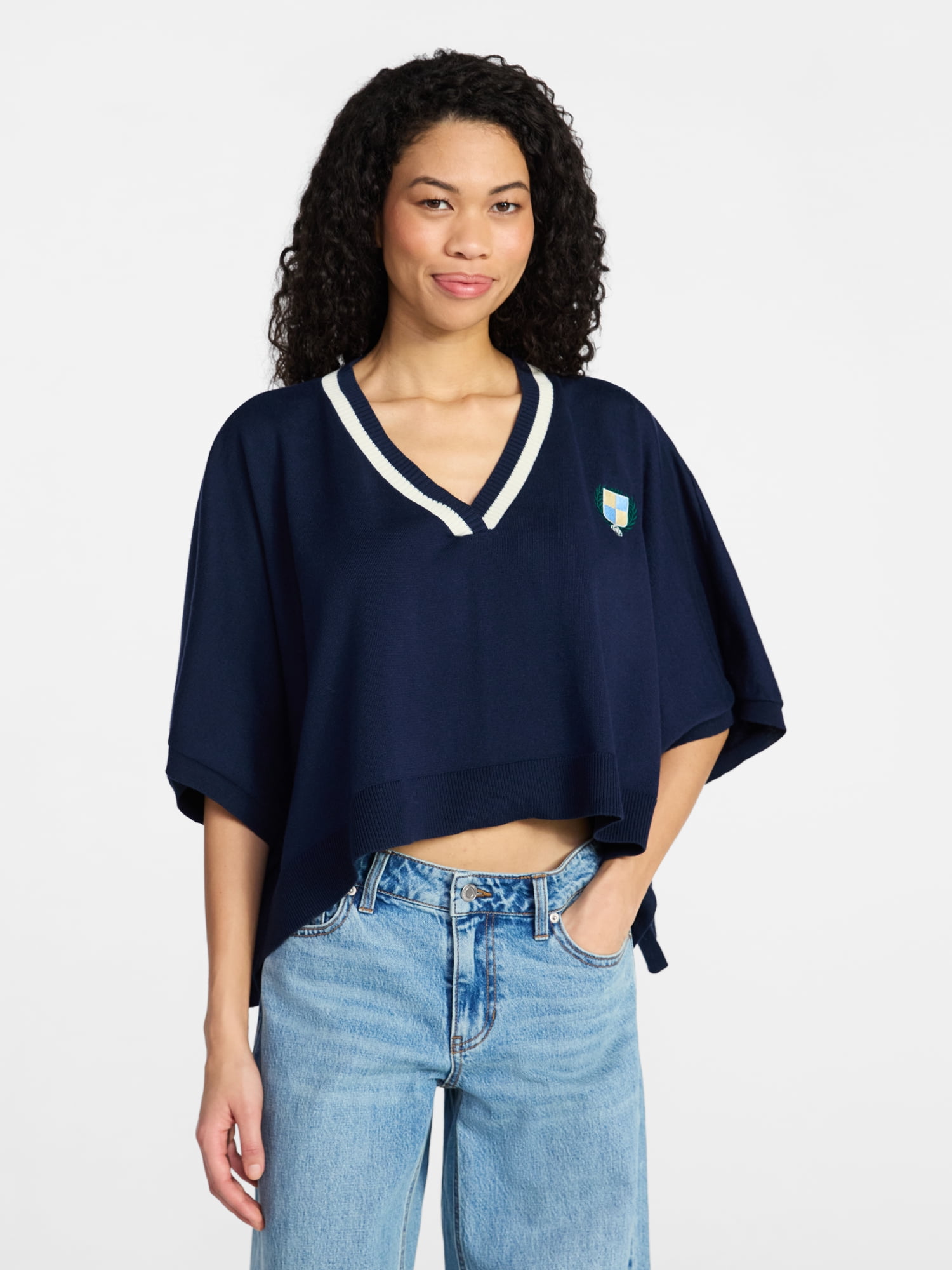 No Boundaries Varsity Cropped Sweater, Lightweight, Women's S-3XL
