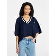 thumbnail image 1 of No Boundaries Varsity Cropped Sweater, Lightweight, Women's S-3XL, 1 of 5