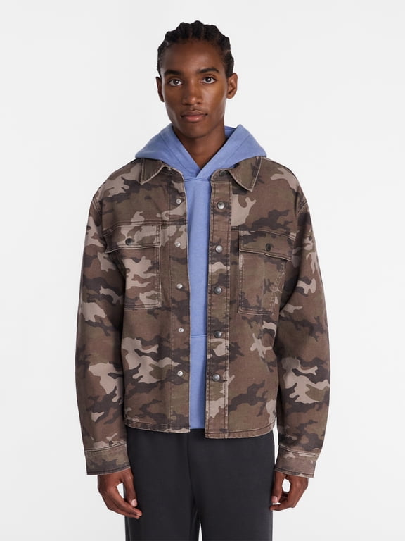 Tonal Camo Denim Shacket with Long Sleeves, Men's XS-4XLT