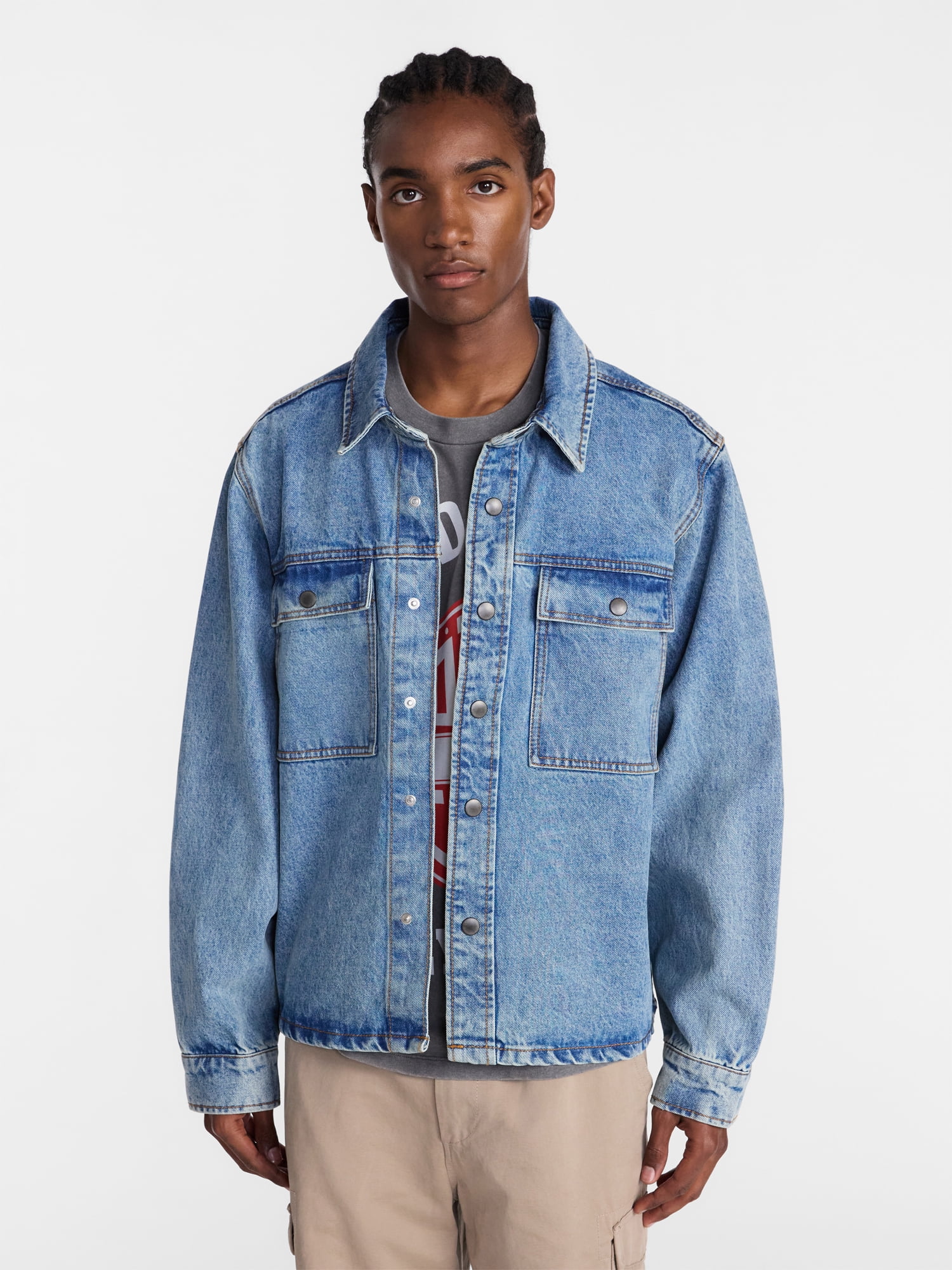 No Boundaries Denim Shacket with Long Sleeves, Men's XS-4XLT