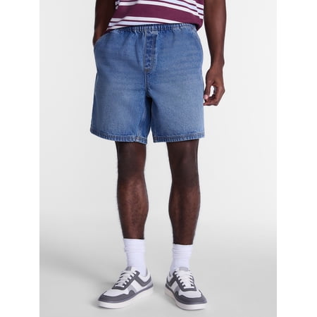 No Boundaries Men's 100% Cotton Denim Shorts with Elastic Waist, 7 in Inseam, XS-5XL