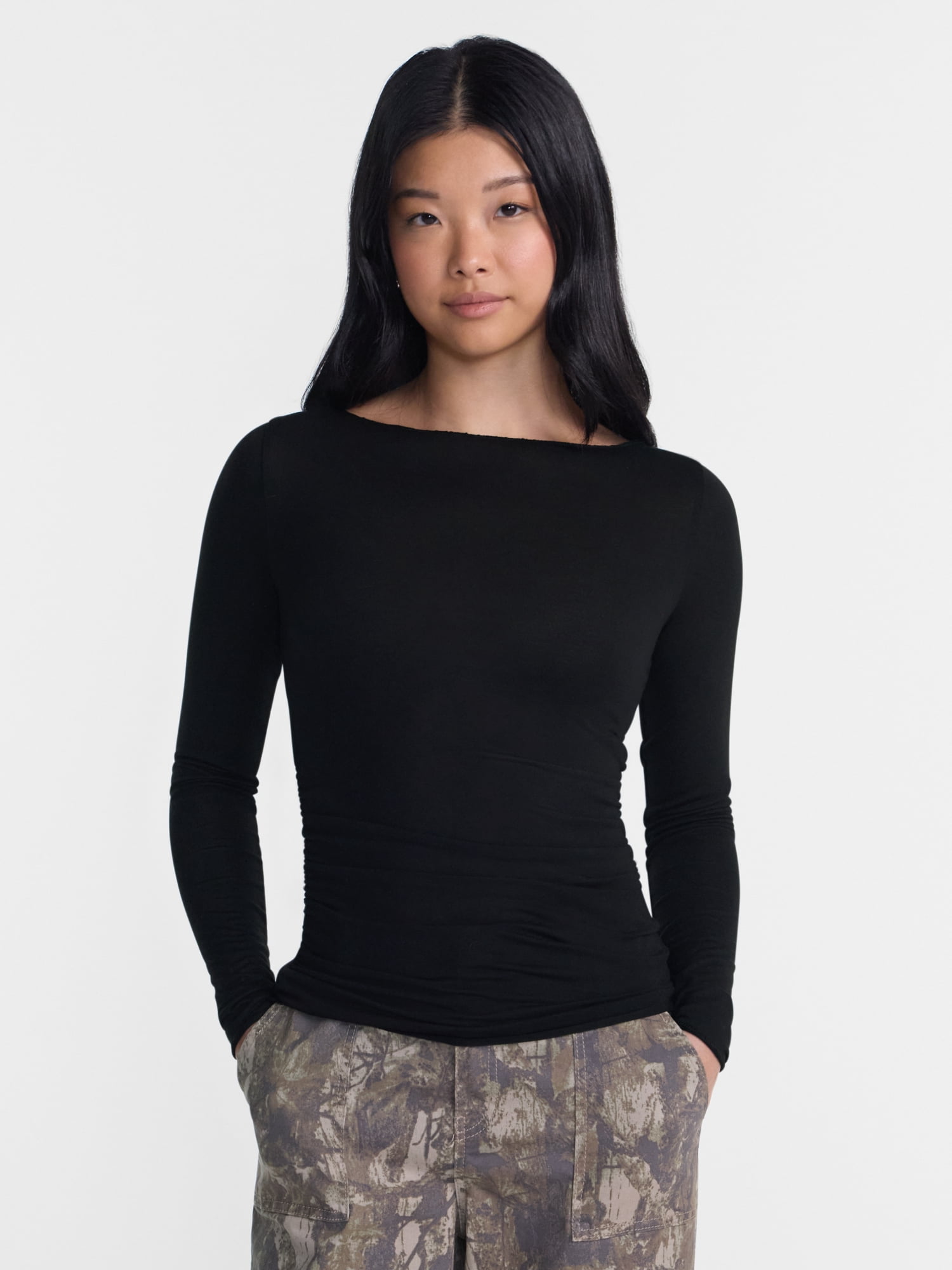 No Boundaries Drapey Tee with Long Sleeves, Women's XXS-XXL