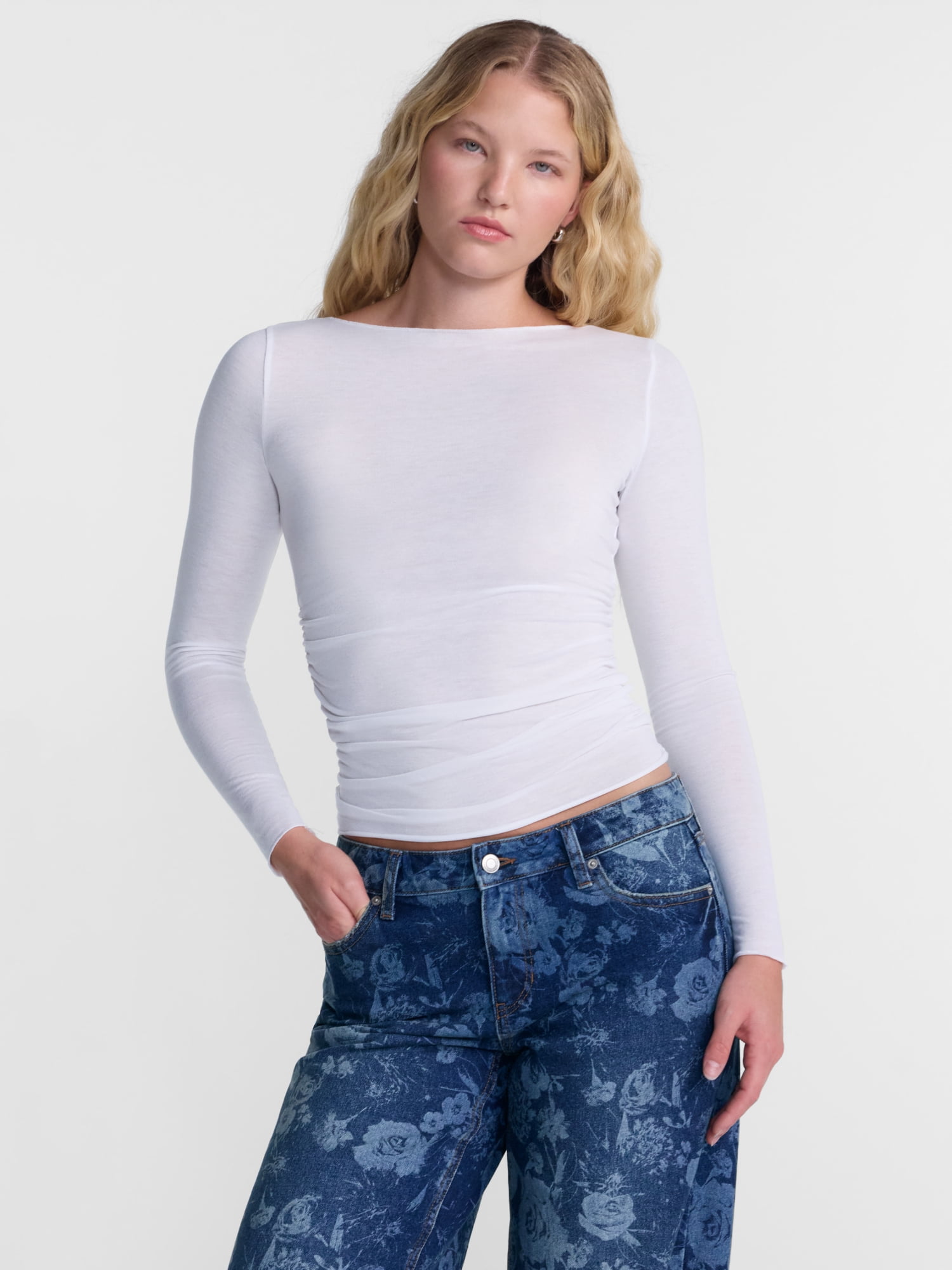 No Boundaries Drapey Tee with Long Sleeves, Women's XXS-XXL