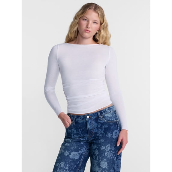 No Boundaries Drapey Tee with Long Sleeves, Women's XXS-XXL