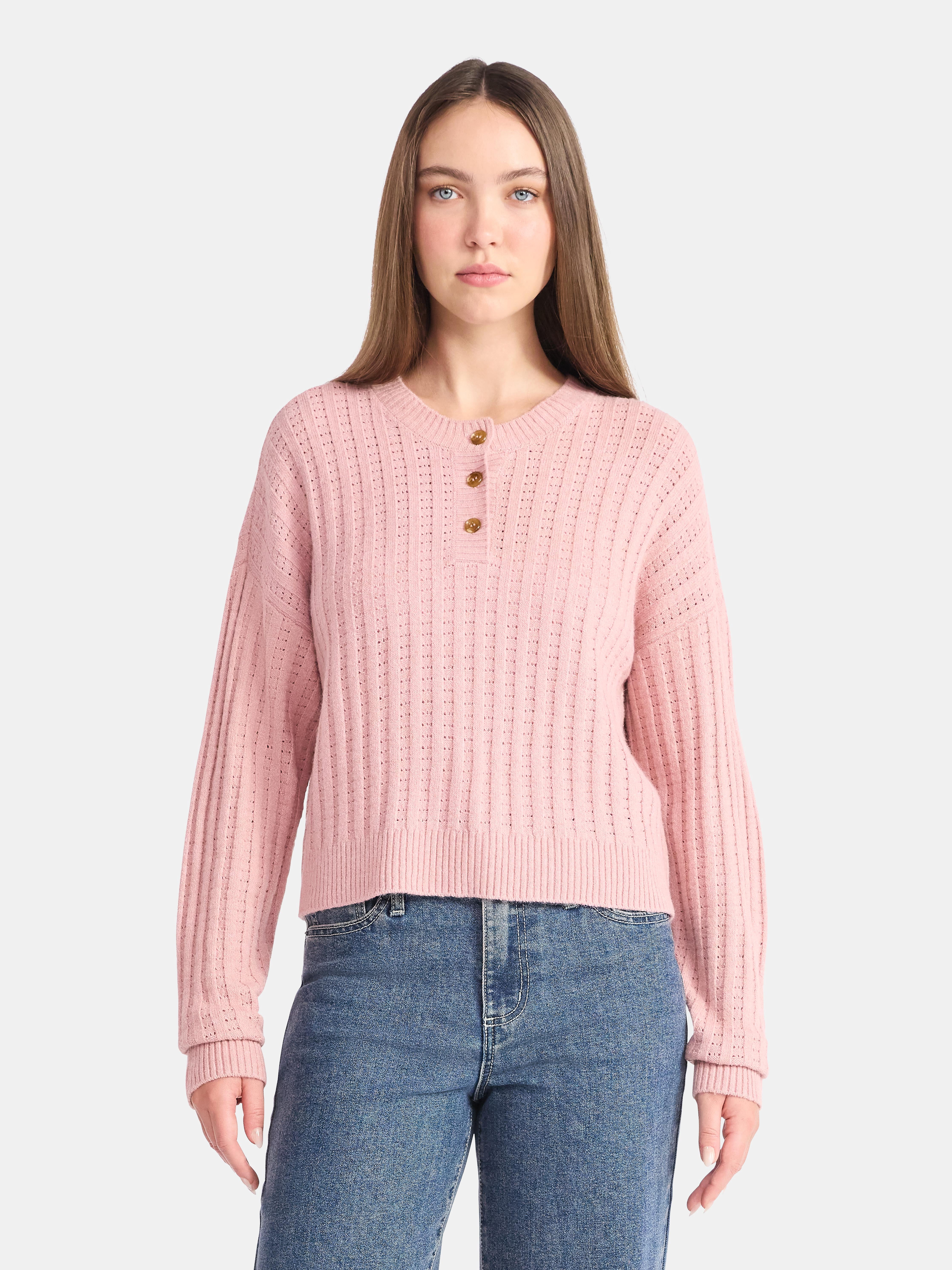 No Boundaries Pointelle Henley Pullover, Women's