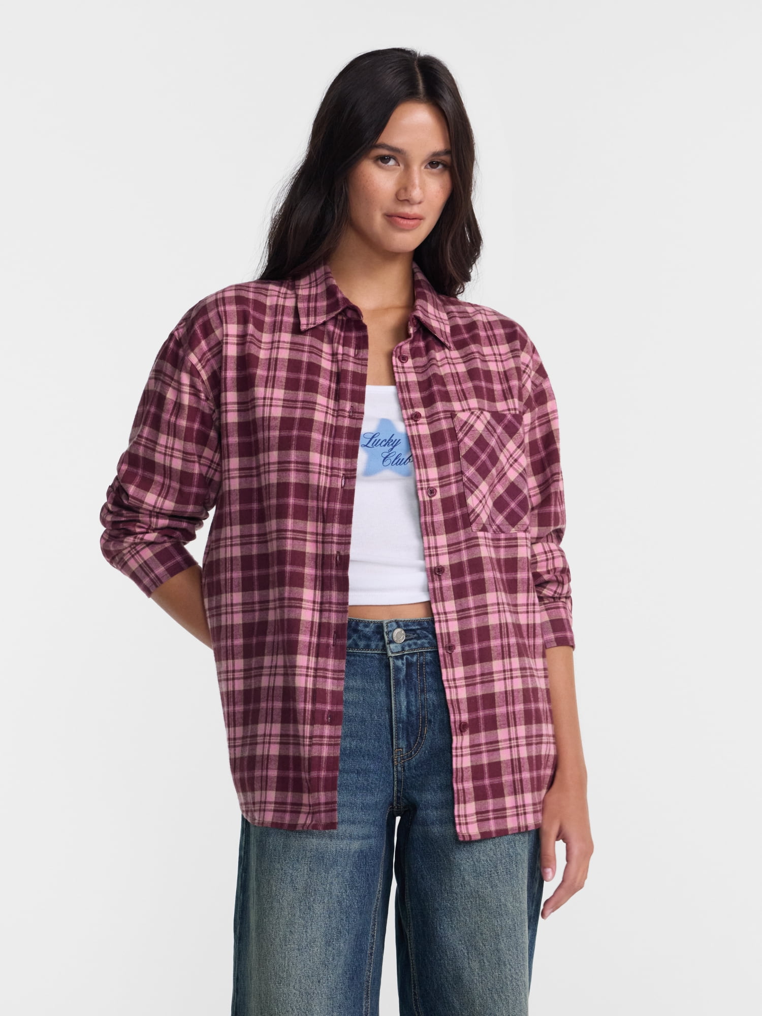 No Boundaries Plaid Flannel Shirt with Long Sleeves, Women's XXS-XXL