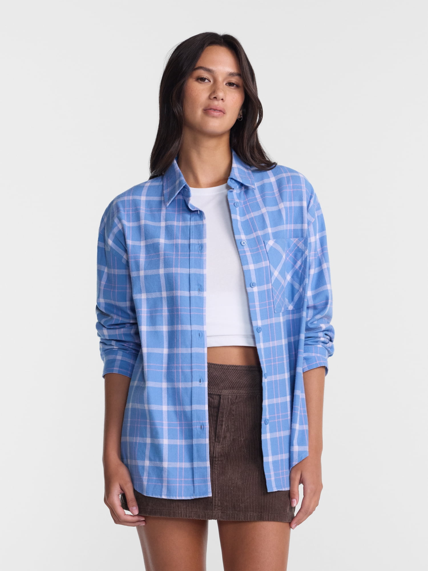 No Boundaries Plaid Flannel Shirt with Long Sleeves, Women's XXS-XXL