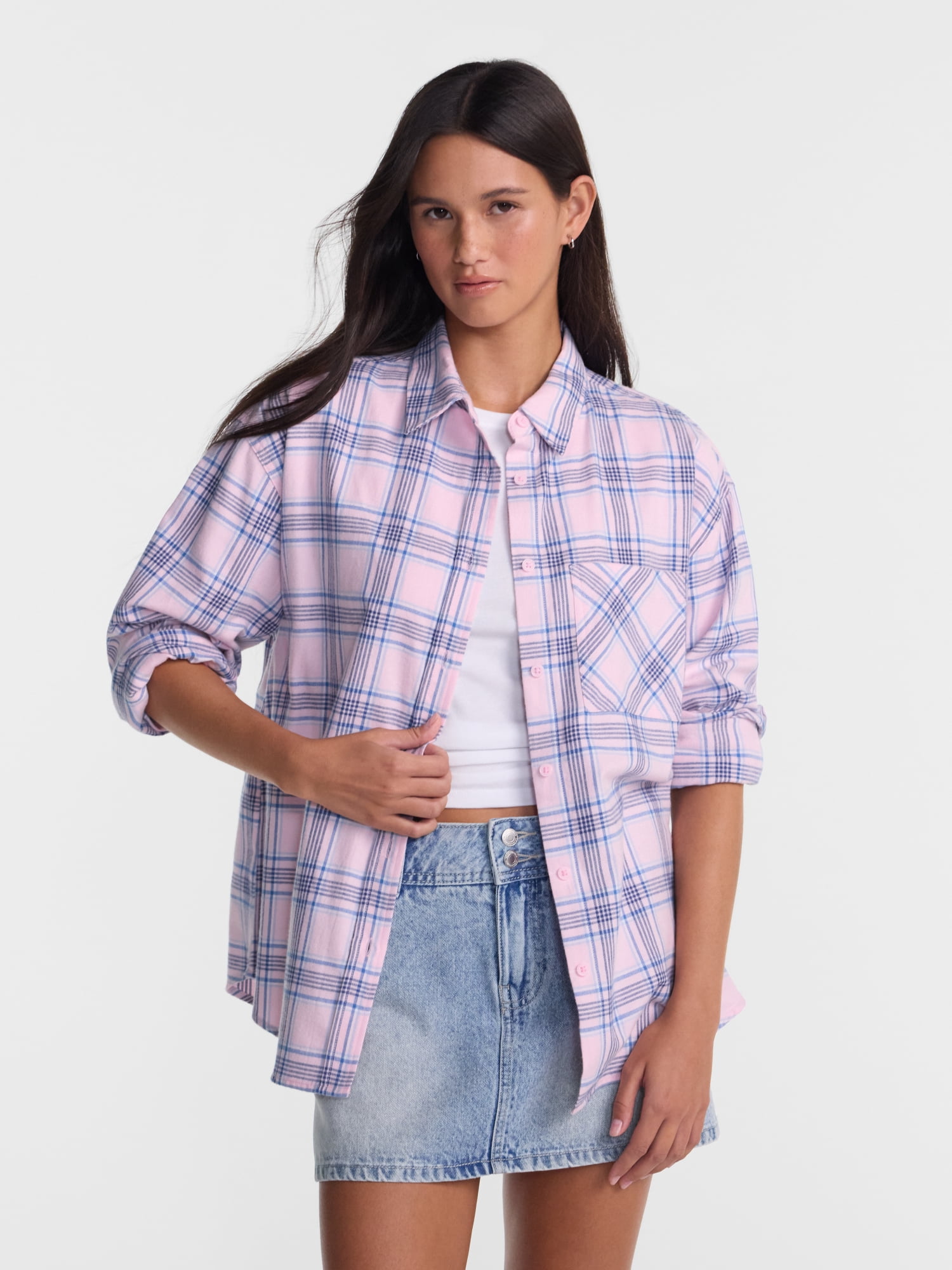 No Boundaries Plaid Flannel Shirt with Long Sleeves, Women's XXS-XXL