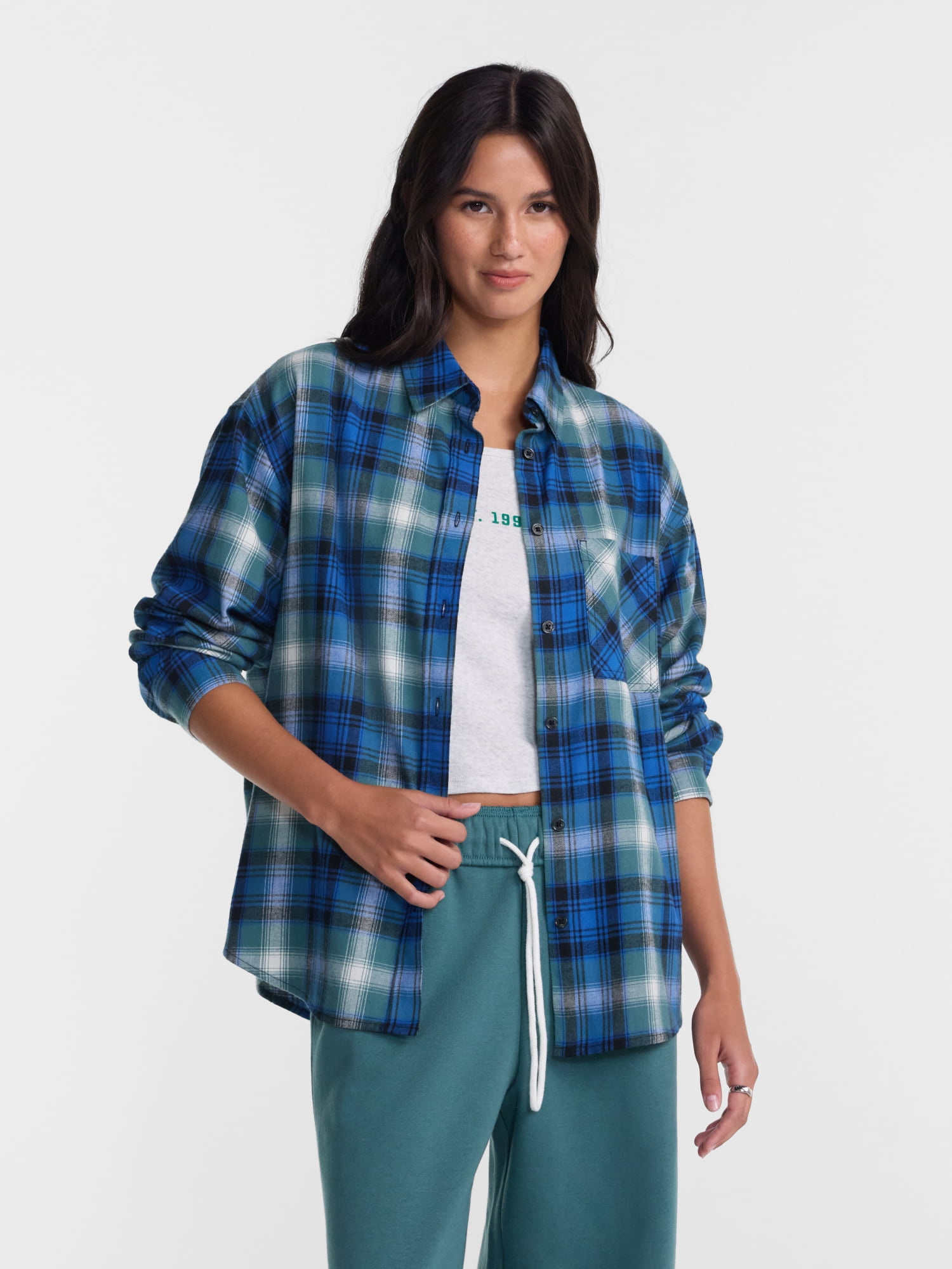 No Boundaries Plaid Flannel Shirt with Long Sleeves, Women's XXS-XXL