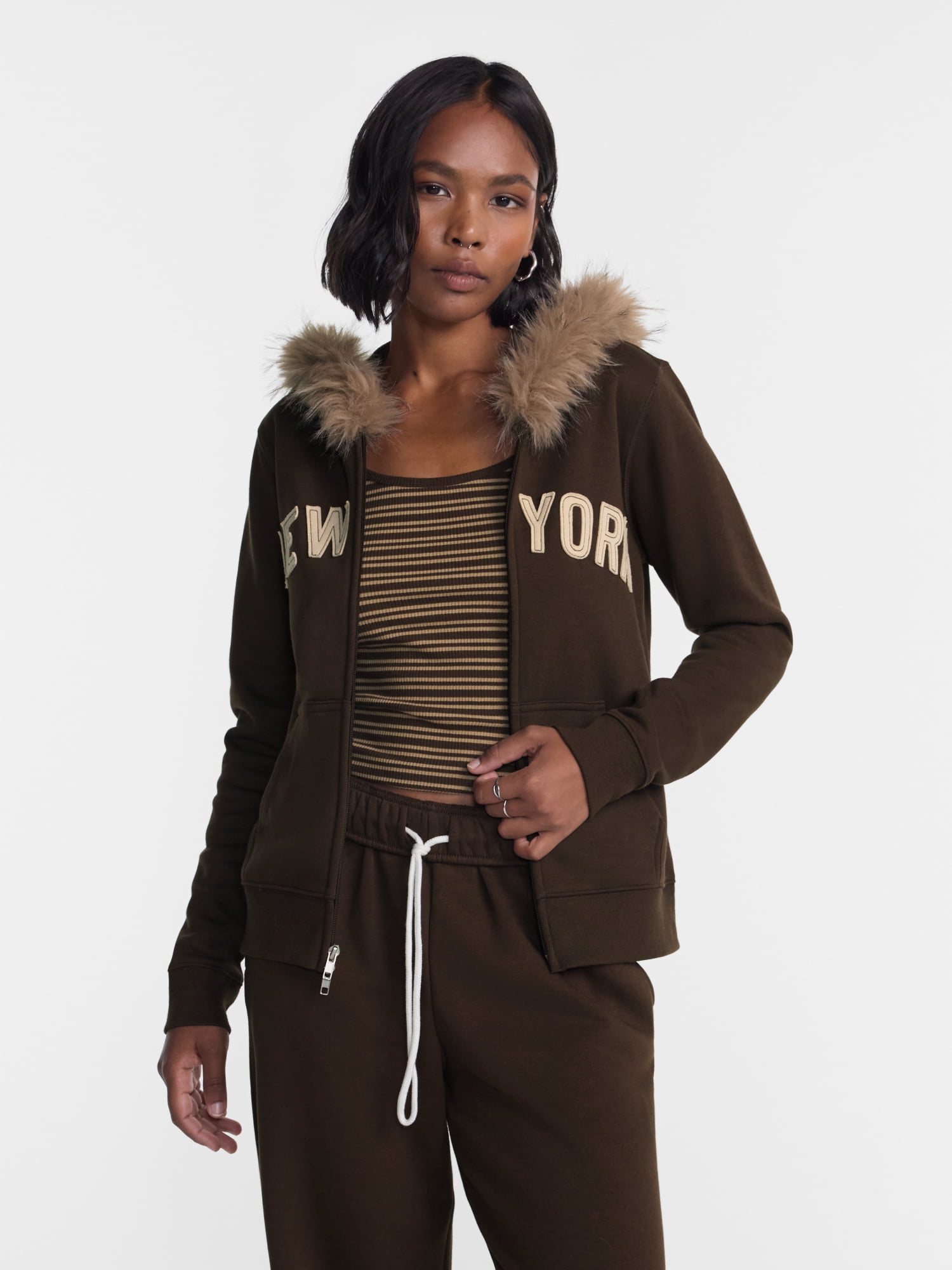 No Boundaries Zip Up Hoodie with Faux Fur Trim, Women’s XXS-XXL