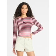 No Boundaries Graphic Striped Pointelle Top with Long Sleeves, Women’s