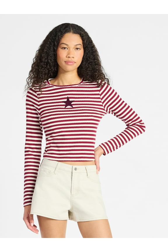 Graphic Striped Pointelle Top with Long Sleeves, Women’s