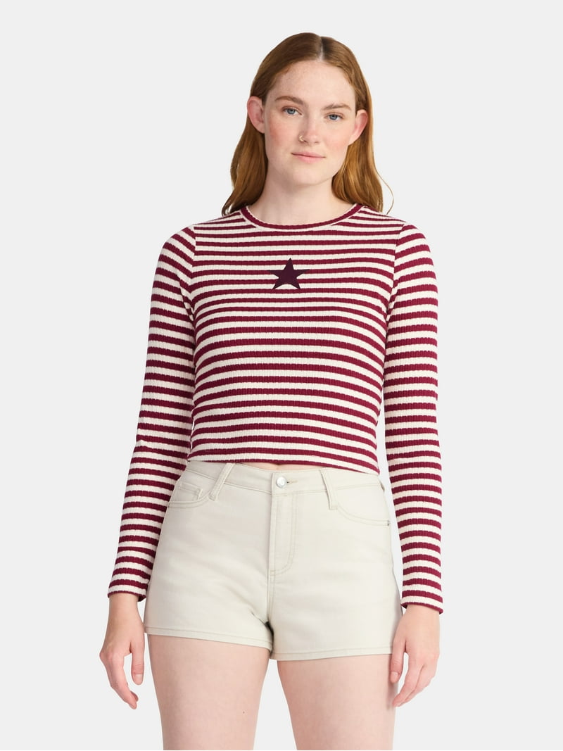 No Boundaries Graphic Striped Pointelle Long Sleeve Top, Womens