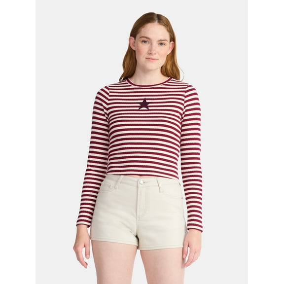 No Boundaries Graphic Striped Pointelle Long Sleeve Top, Womens