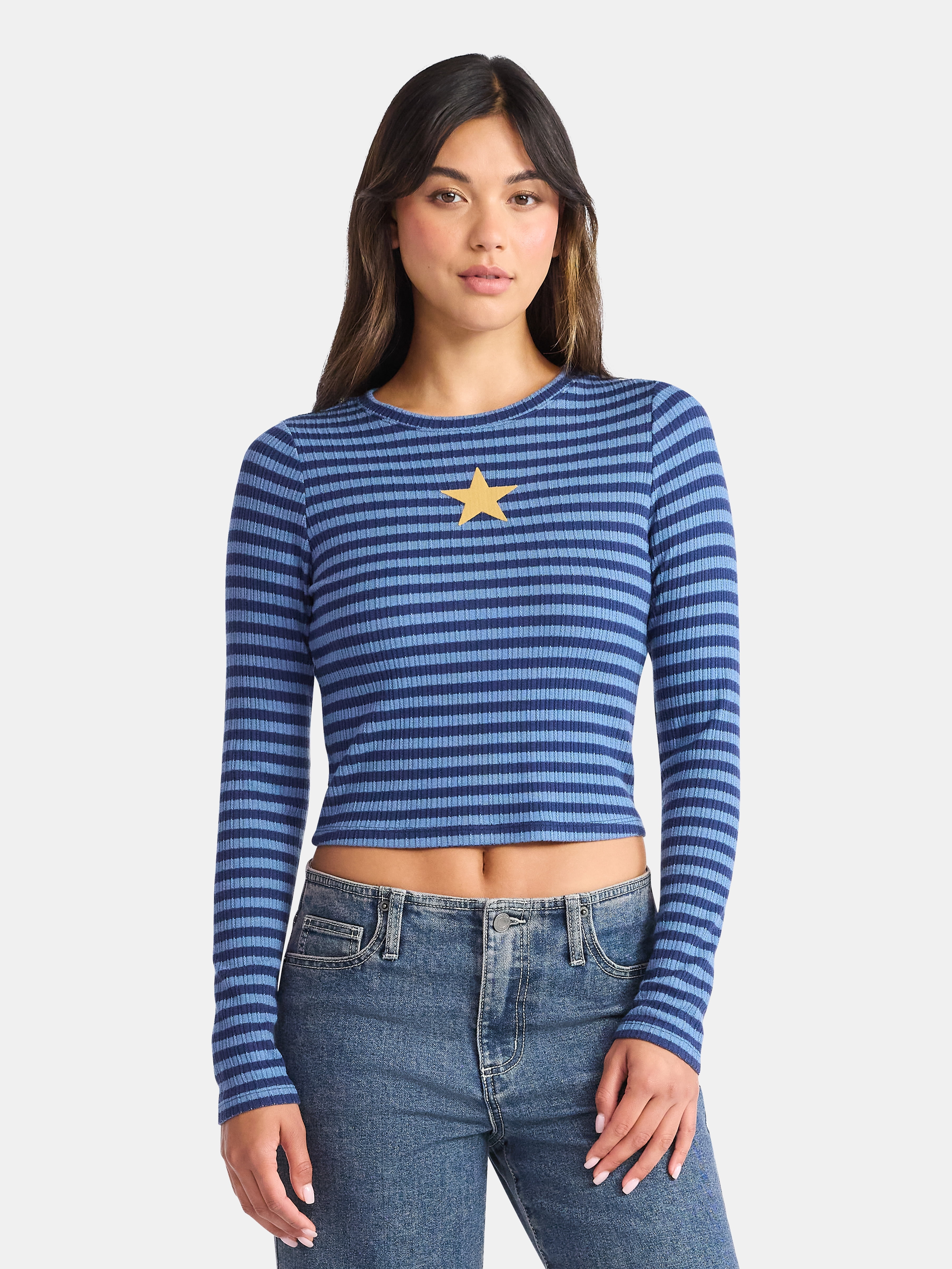 No Boundaries Graphic Striped Pointelle Top with Long Sleeves, Women’s