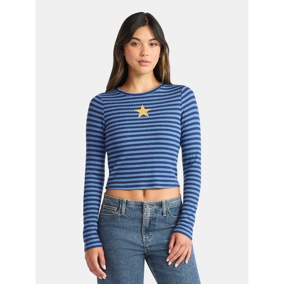 No Boundaries Graphic Striped Pointelle Top with Long Sleeves, Women’s