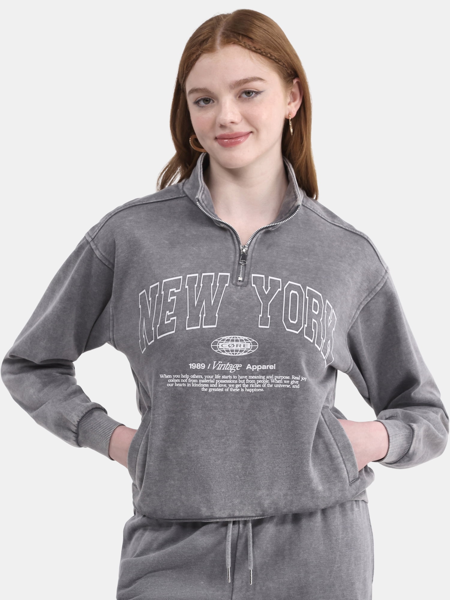 No Boundaries Washed Quarter Zip-Up Graphic Pullover Sweatshirt, Women's