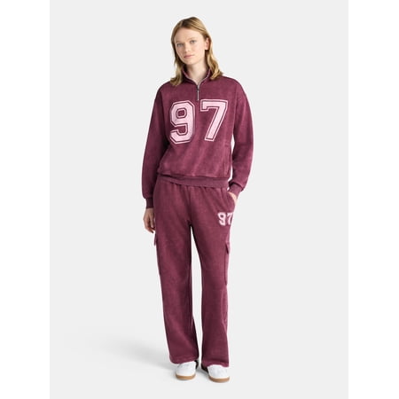 No Boundaries Mineral Wash Quarter Zip-Up Graphic Pullover Sweatshirt, Midweight, Women's