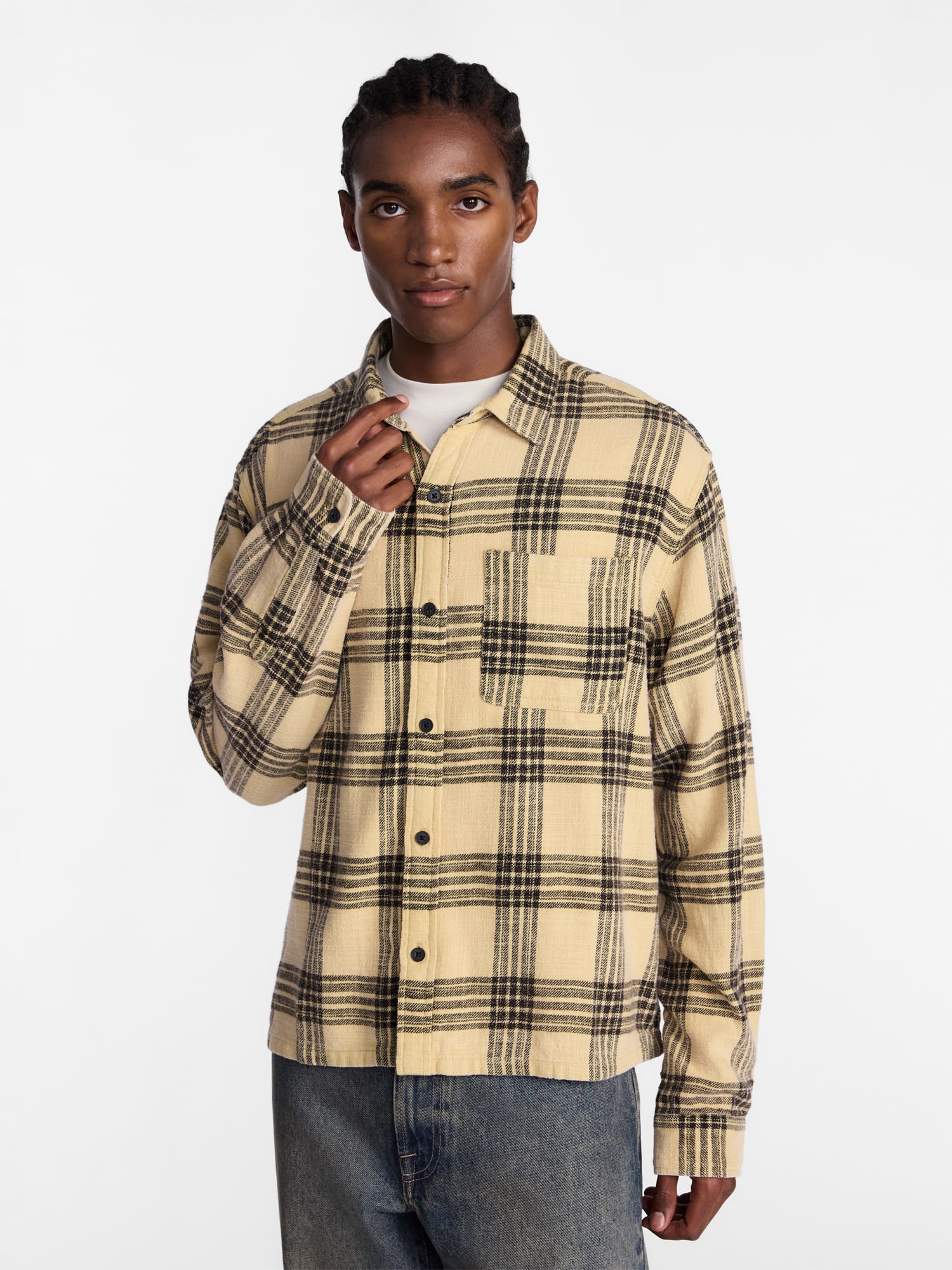 No Boundaries Boxy Fit Grunge Flannel Shirt with Long Sleeves, Men's XS-4XLT