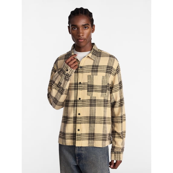 No Boundaries Boxy Fit Grunge Flannel Shirt with Long Sleeves, Men's XS-4XLT