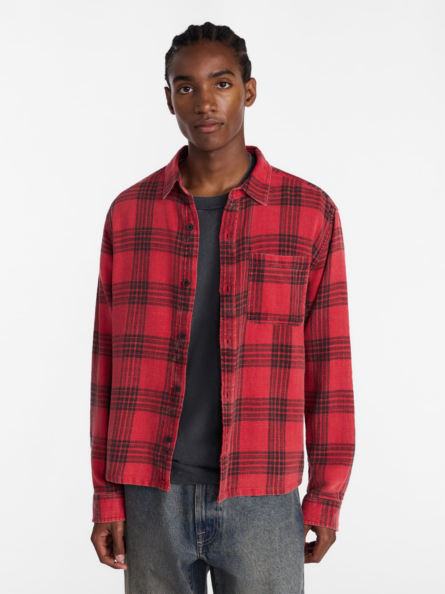 No Boundaries Boxy Fit Grunge Flannel Shirt with Long Sleeves, Men's XS-4XLT