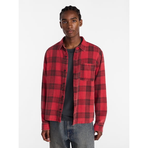 No Boundaries Boxy Fit Grunge Flannel Shirt with Long Sleeves, Men's XS-4XLT