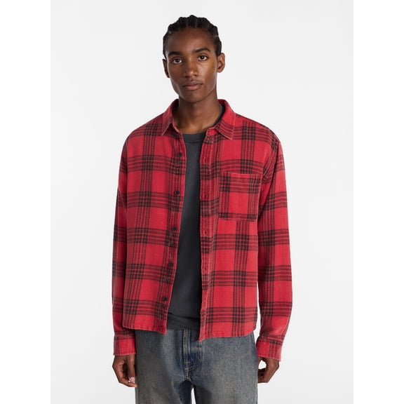 No Boundaries Boxy Fit Grunge Flannel Shirt with Long Sleeves, Men's XS-4XLT
