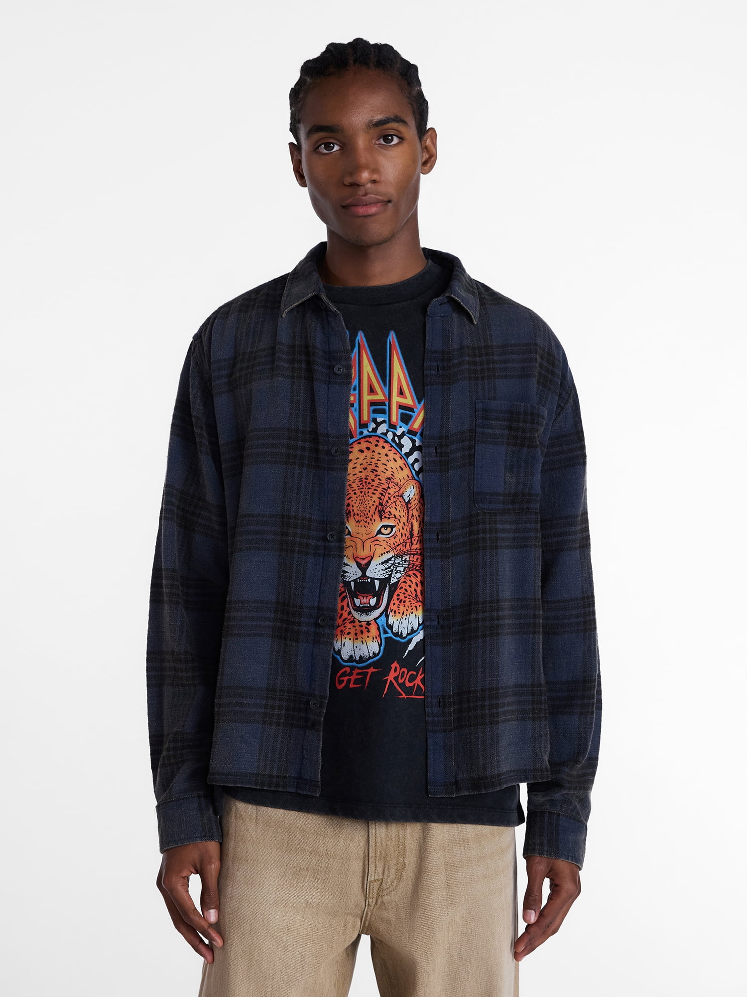 No Boundaries Boxy Fit Grunge Flannel Shirt with Long Sleeves, Men's XS-4XLT