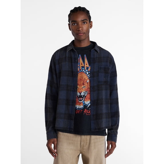 No Boundaries Boxy Fit Grunge Flannel Shirt with Long Sleeves, Men's XS-4XLT