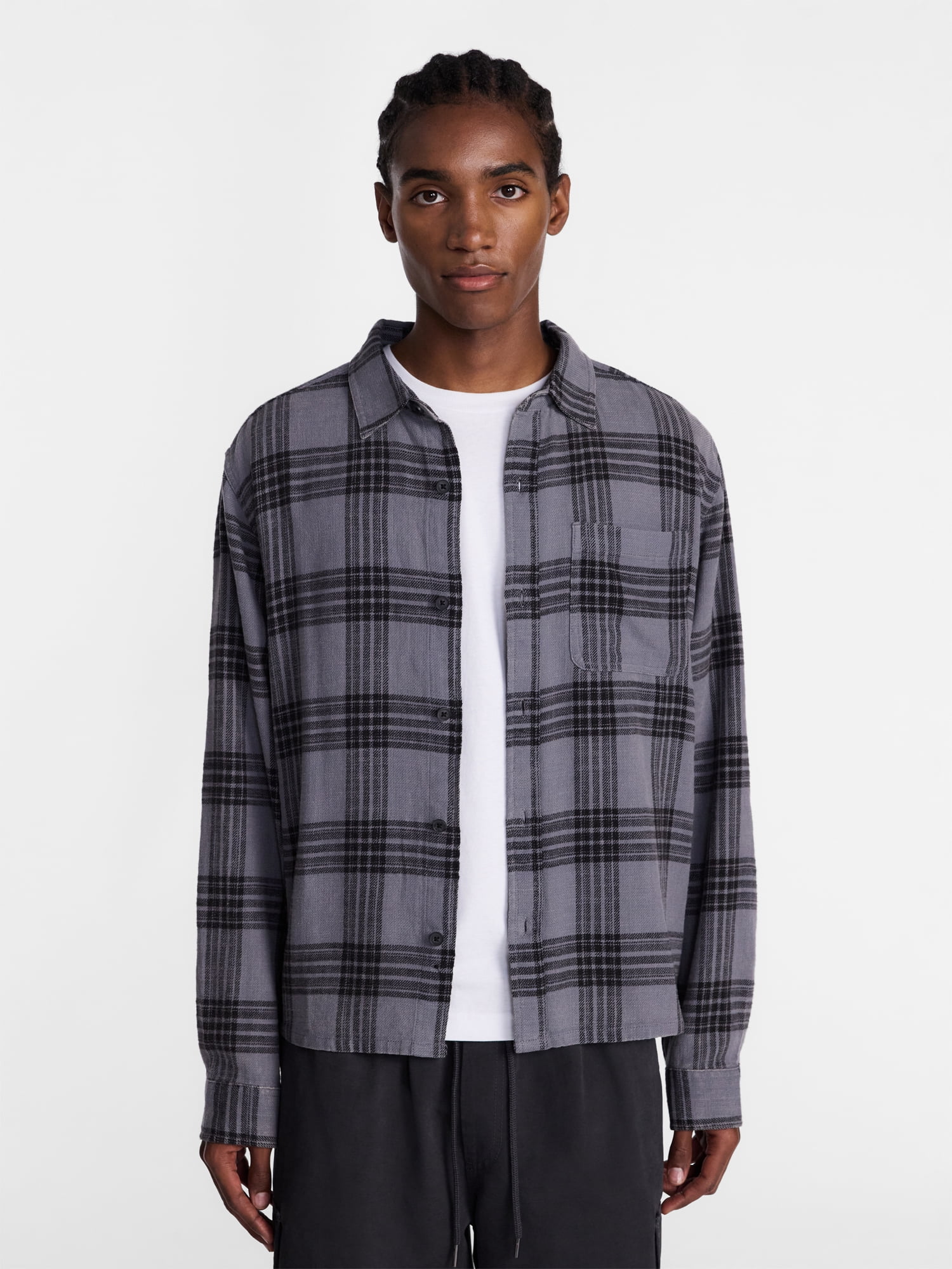 No Boundaries Boxy Fit Grunge Flannel Shirt with Long Sleeves, Men's XS-4XLT