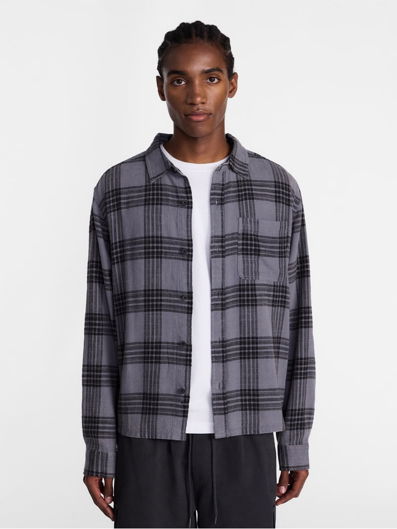 No Boundaries Boxy Fit Grunge Flannel Shirt with Long Sleeves, Men's XS-4XLT