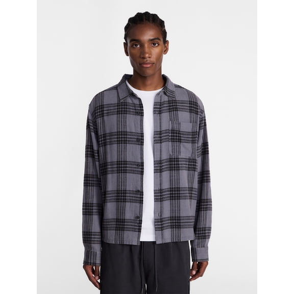 No Boundaries Boxy Fit Grunge Flannel Shirt with Long Sleeves, Men's XS-4XLT