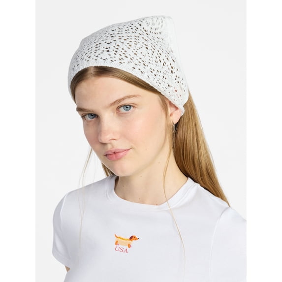 No Boundaries Women's Star Woven Triangle Headscarf, White, Youth Pattern