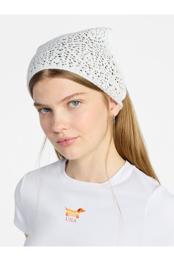 Women's Star Woven Triangle Headscarf, White, Youth Pattern