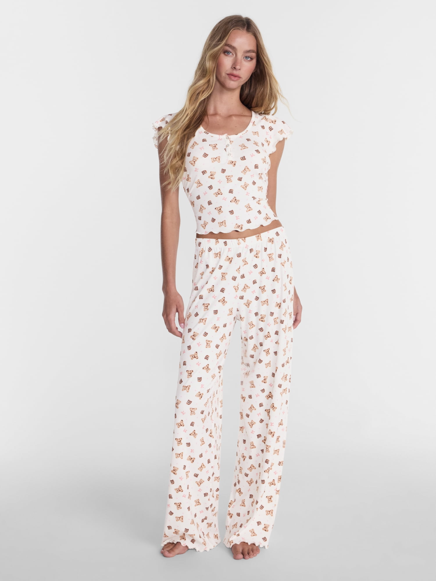 No Boundaries Henley Top and Pants Sleep Set, 2-Piece, Women's XS-XXL