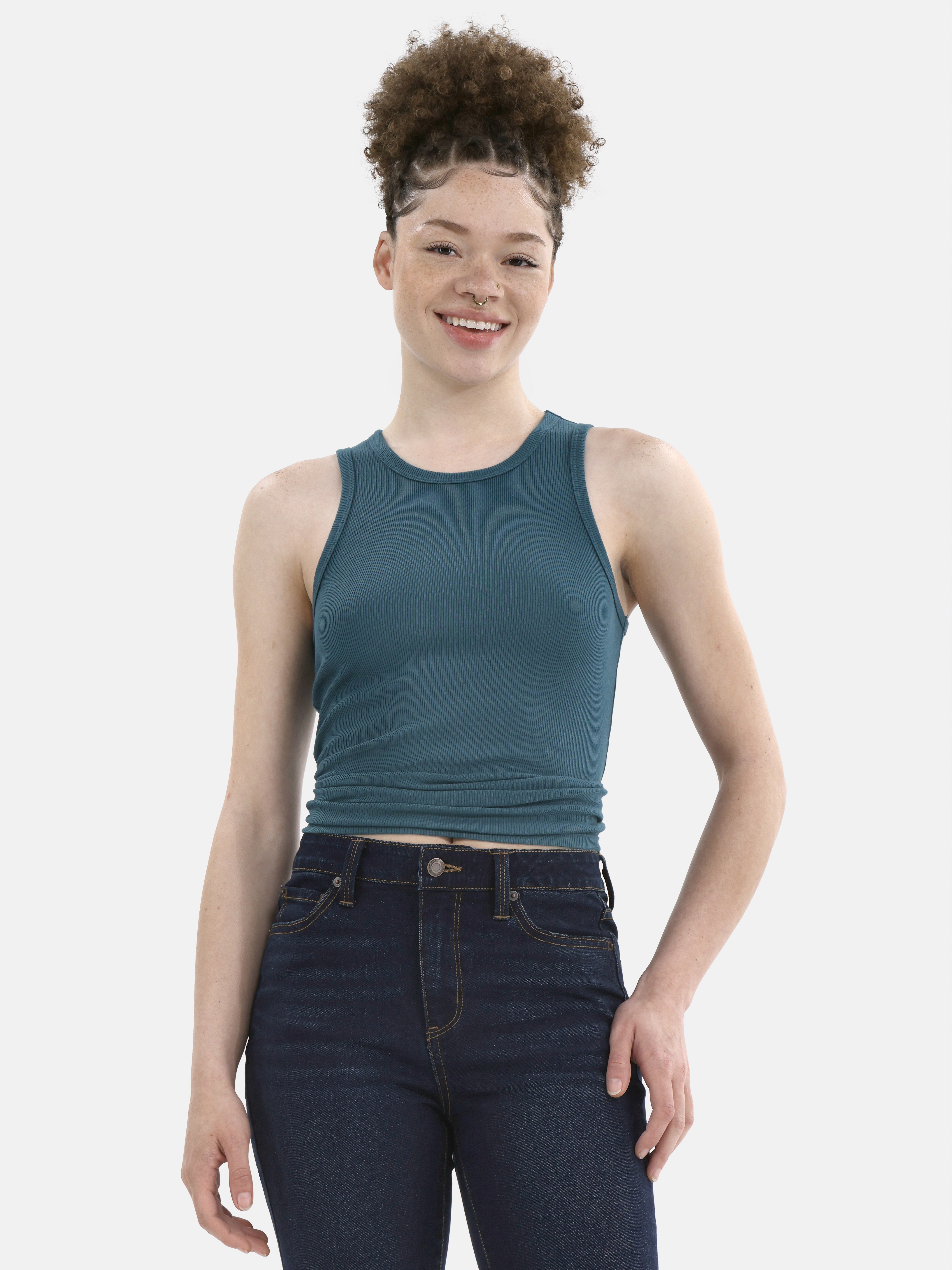 No Boundaries Women's Ribbed High Neck Tank Top Fitted Sleeveless
