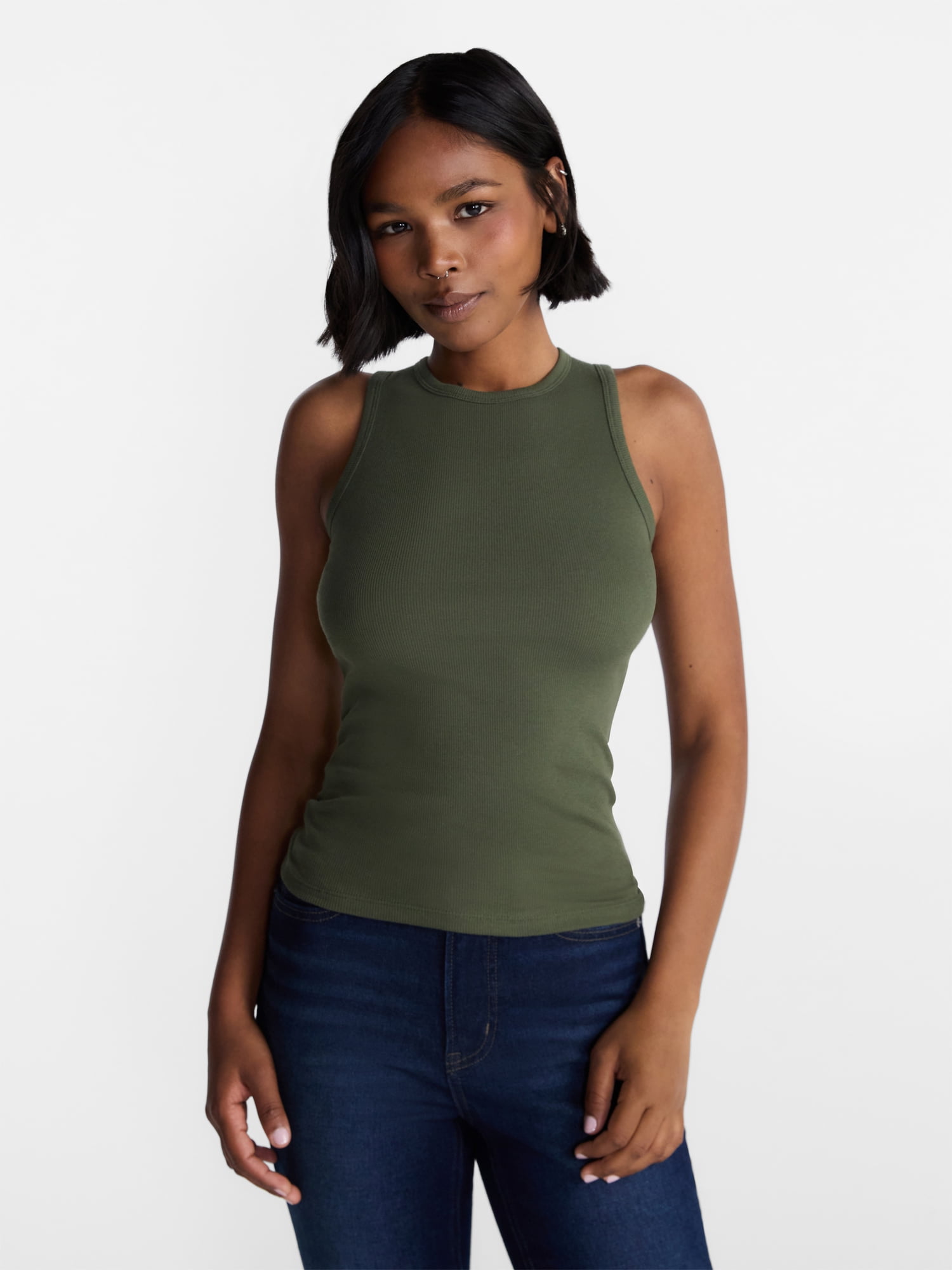 No Boundaries Ribbed High Neck Tank Top, Women's XXS-XXL