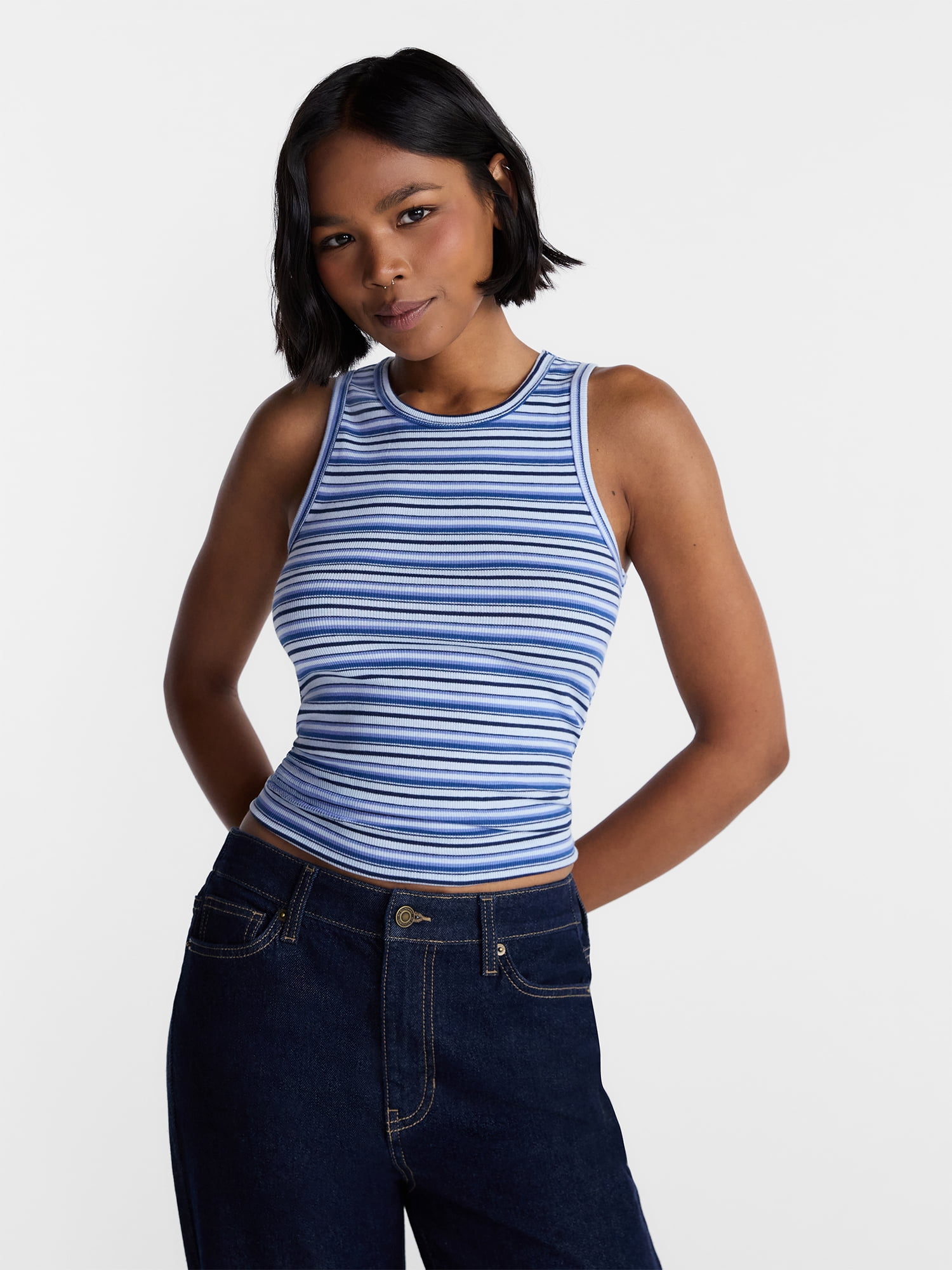 No Boundaries Ribbed High Neck Tank Top, Women's XXS-XXL