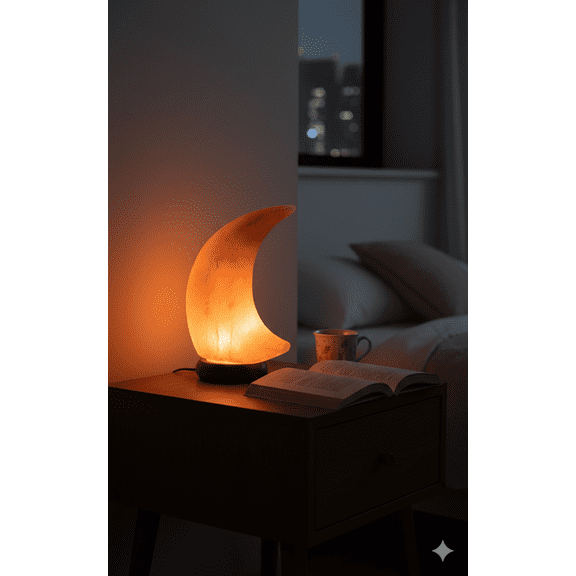 NB Himalayan Pink Salt Lamp Moon Shape Hand-Carved Natural Crystal with Wooden Base dimmer Switch with a Pair of Bulbs