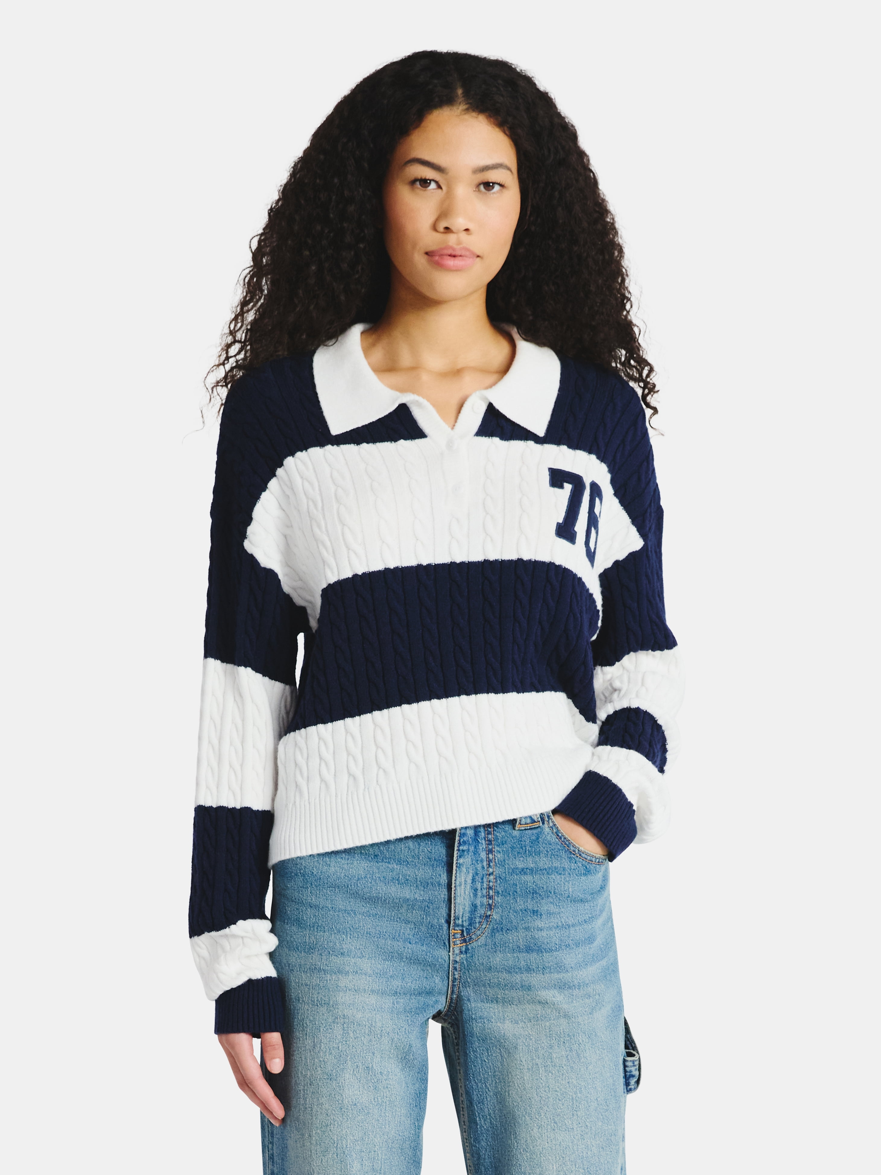 No Boundaries Cable Knit Collared Pullover, Women's