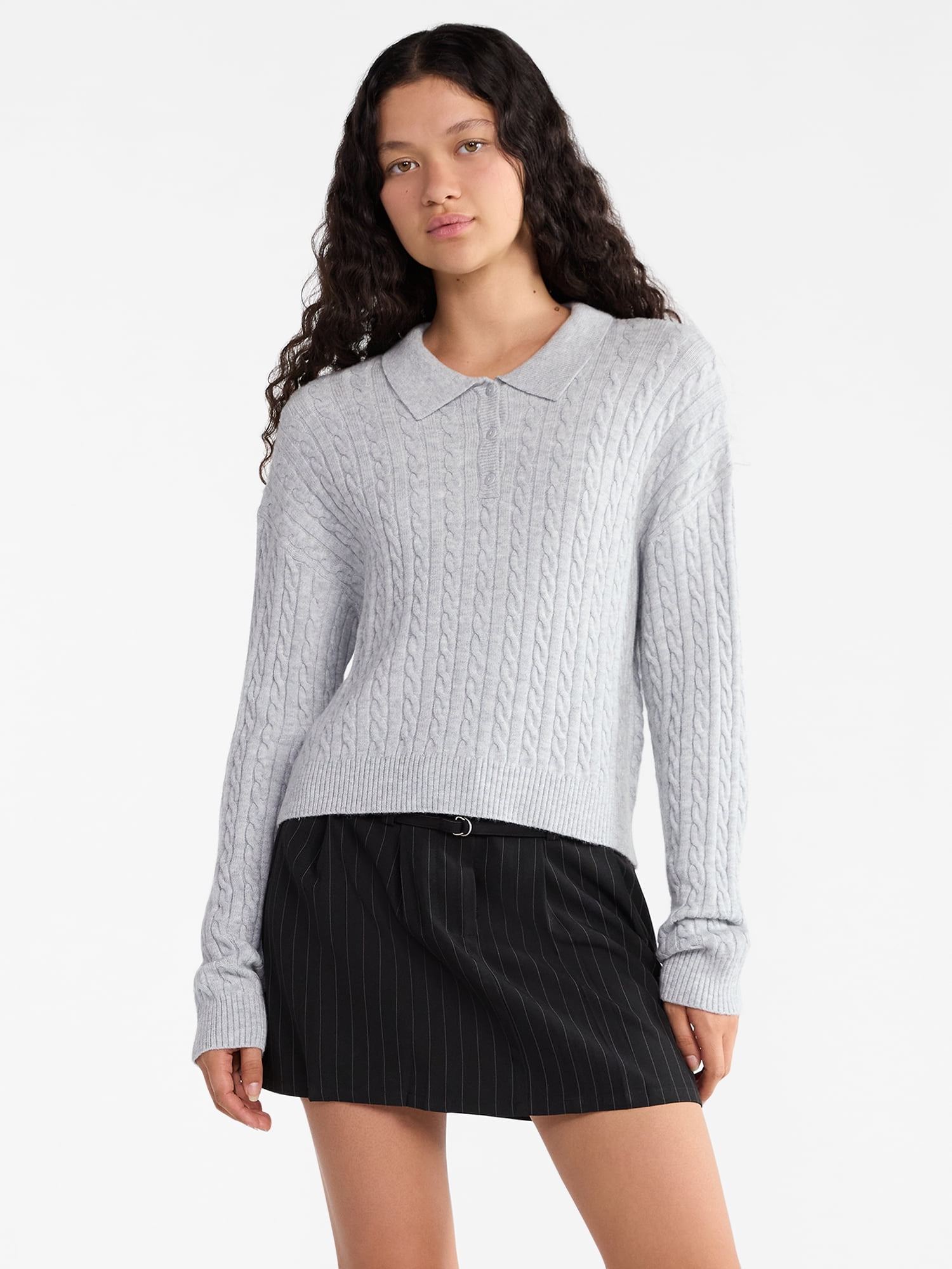No Boundaries Cable Knit Collared Pullover, Women's