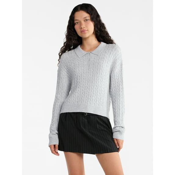 No Boundaries Cable Knit Collared Pullover, Women's