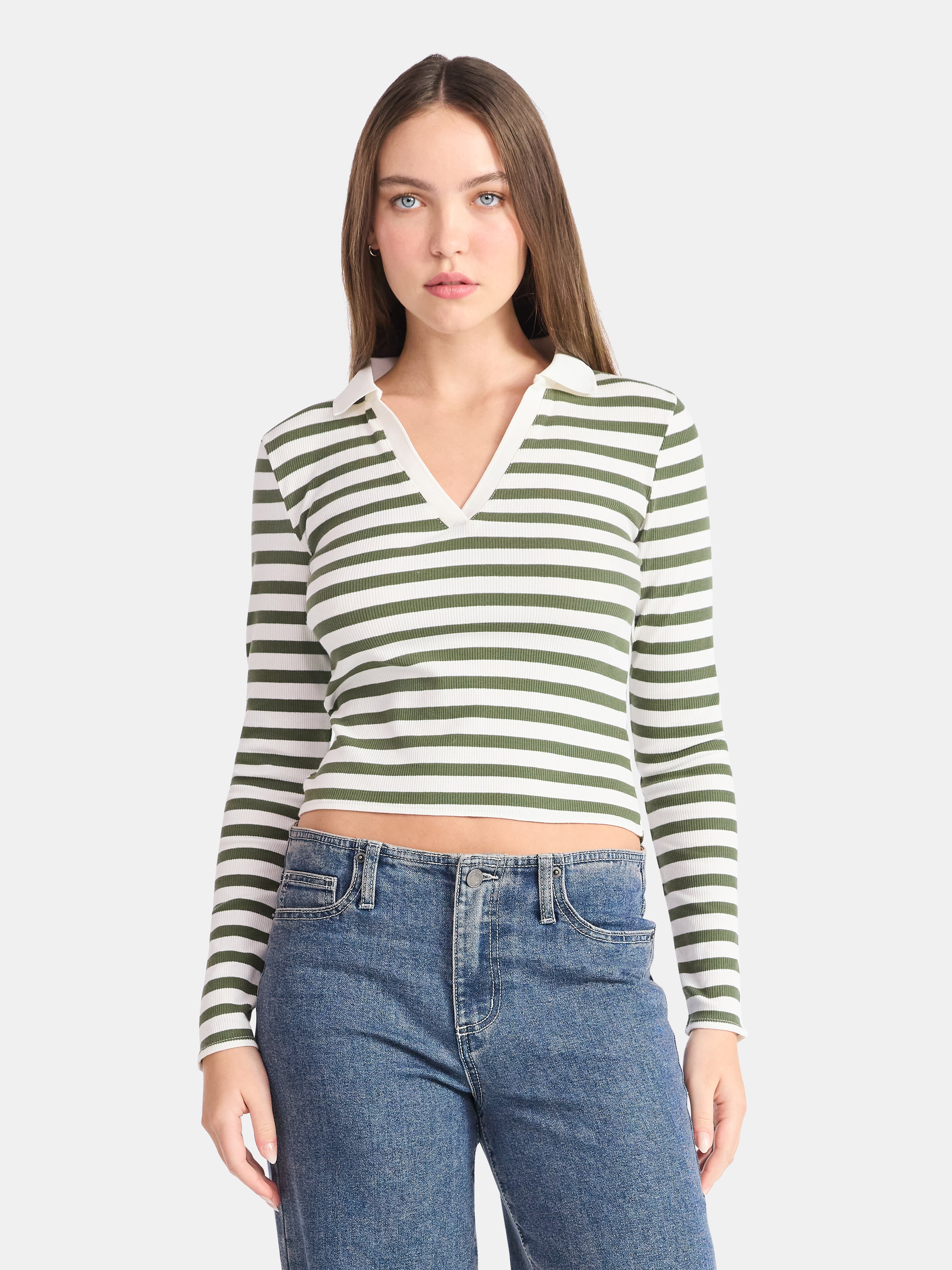 No Boundaries Johnny Collar Tee with Long Sleeves, Women's