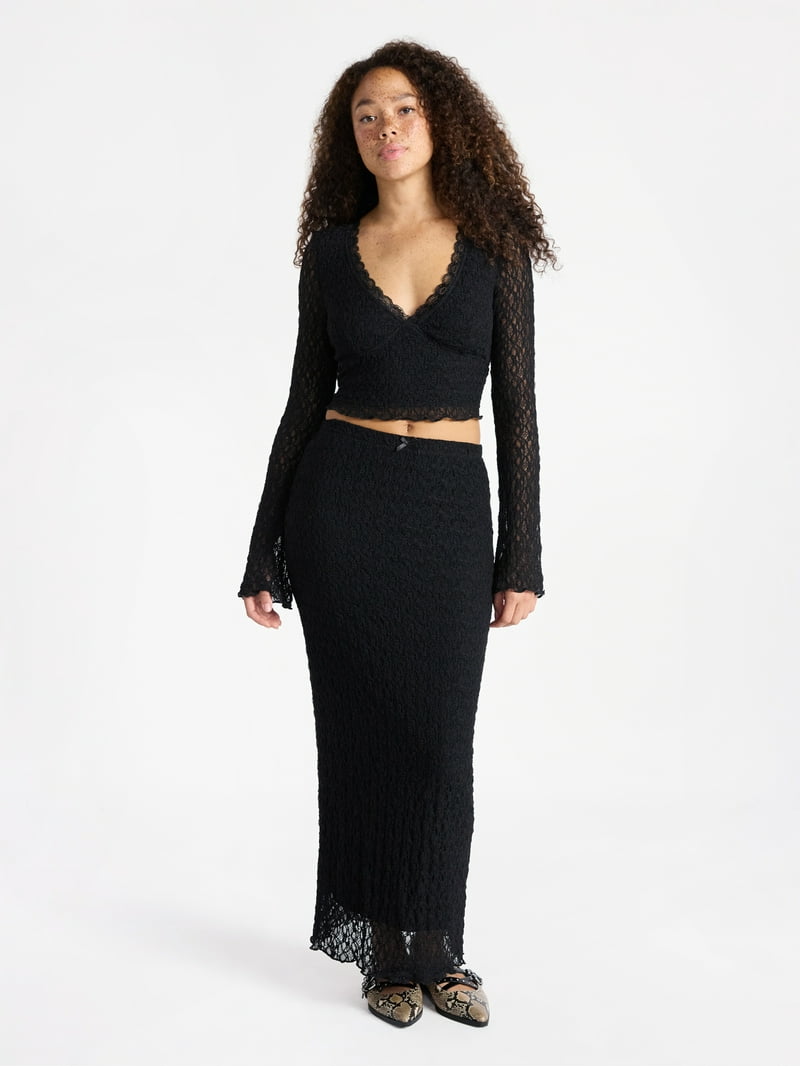 No Boundaries Lace Long Sleeve Crop Top and Midi Skirt Set, 2