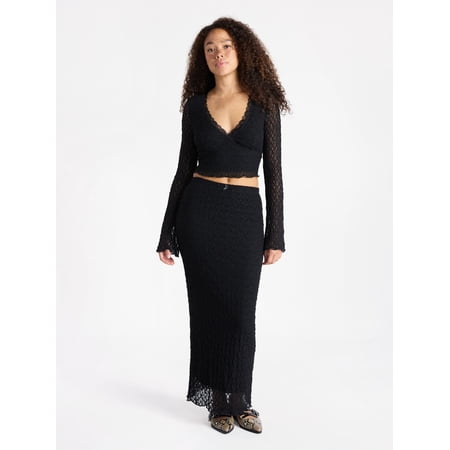No Boundaries Lace Long Sleeve Crop Top and Midi Skirt Set, 2-Piece, Women’s