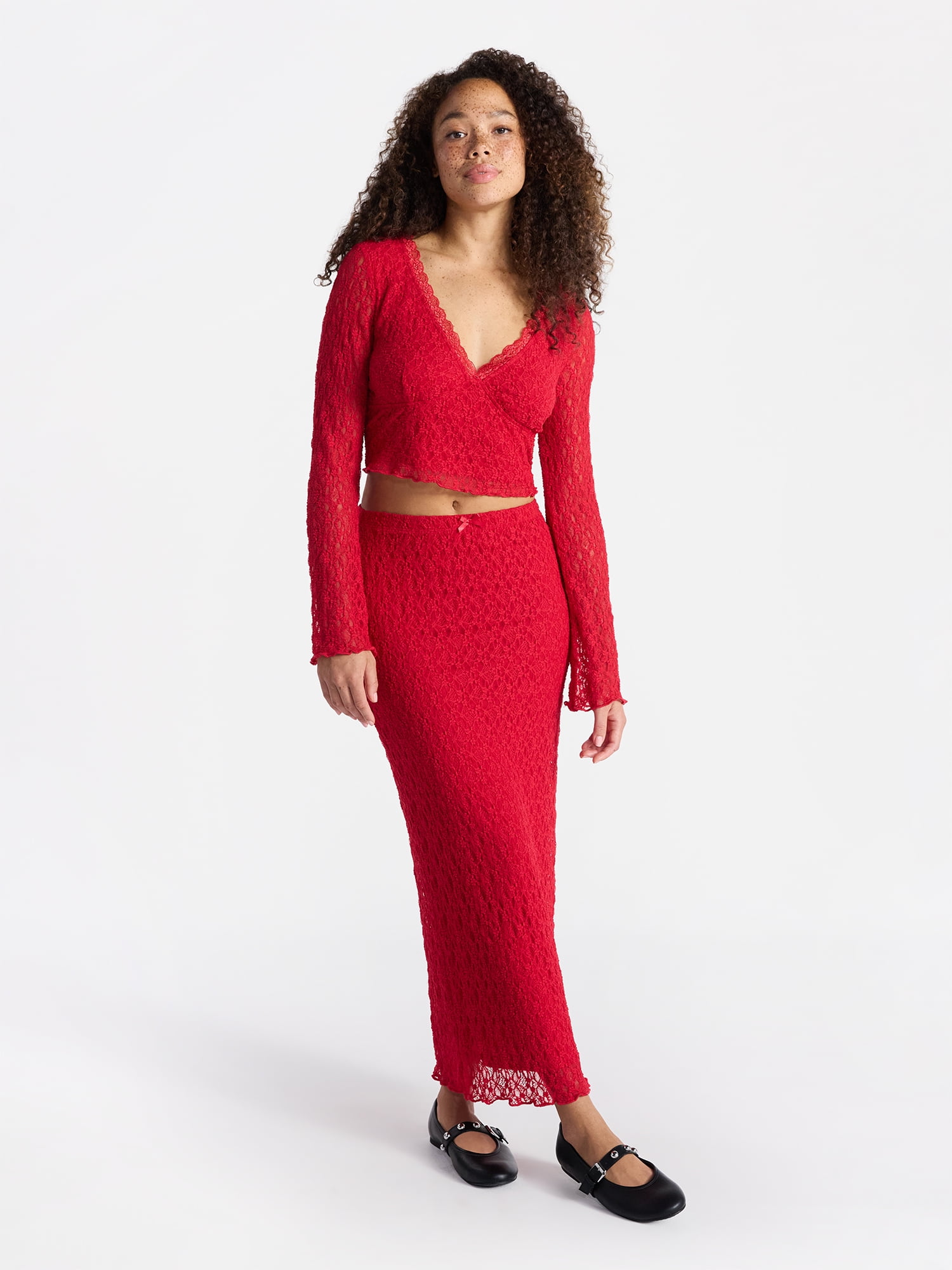 Trend4us Elegant Lace Trim Cropped Shirt & Midi Skirt Set